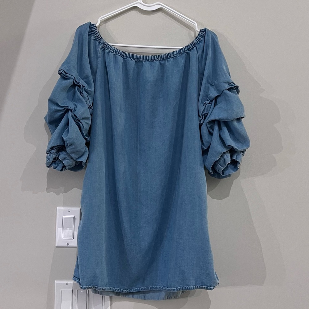 Zara Denim Off-Shoulder Women's Top Bubble Sleeves Chambray Size M